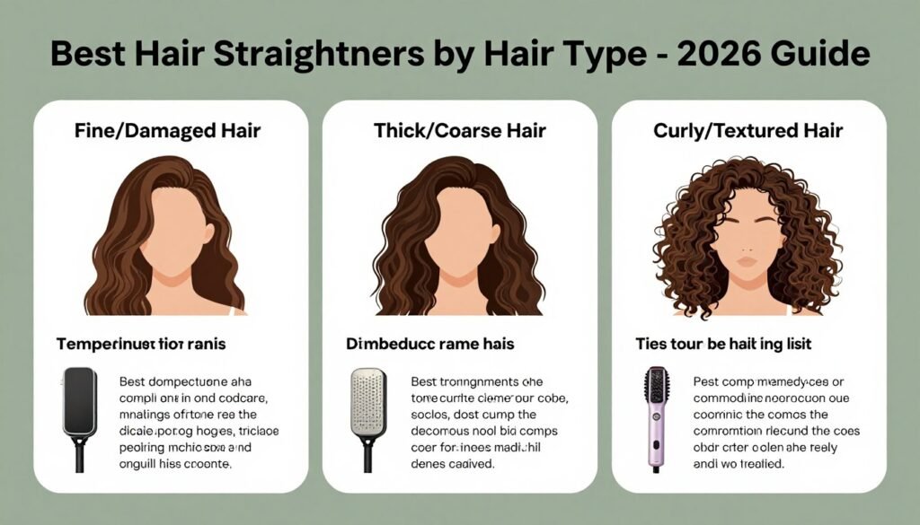 Infographic showing the best hair straighteners for different hair types with styling tips