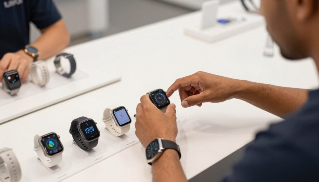Person comparing different smartwatch models in a retail environment