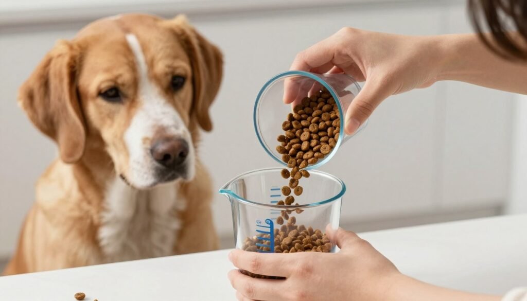 Person measuring dog food into a measuring cup for a large breed dog
