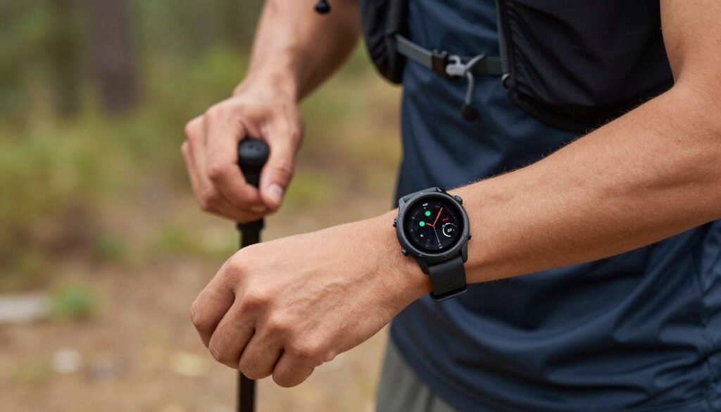Person using a smartwatch while engaged in an active lifestyle