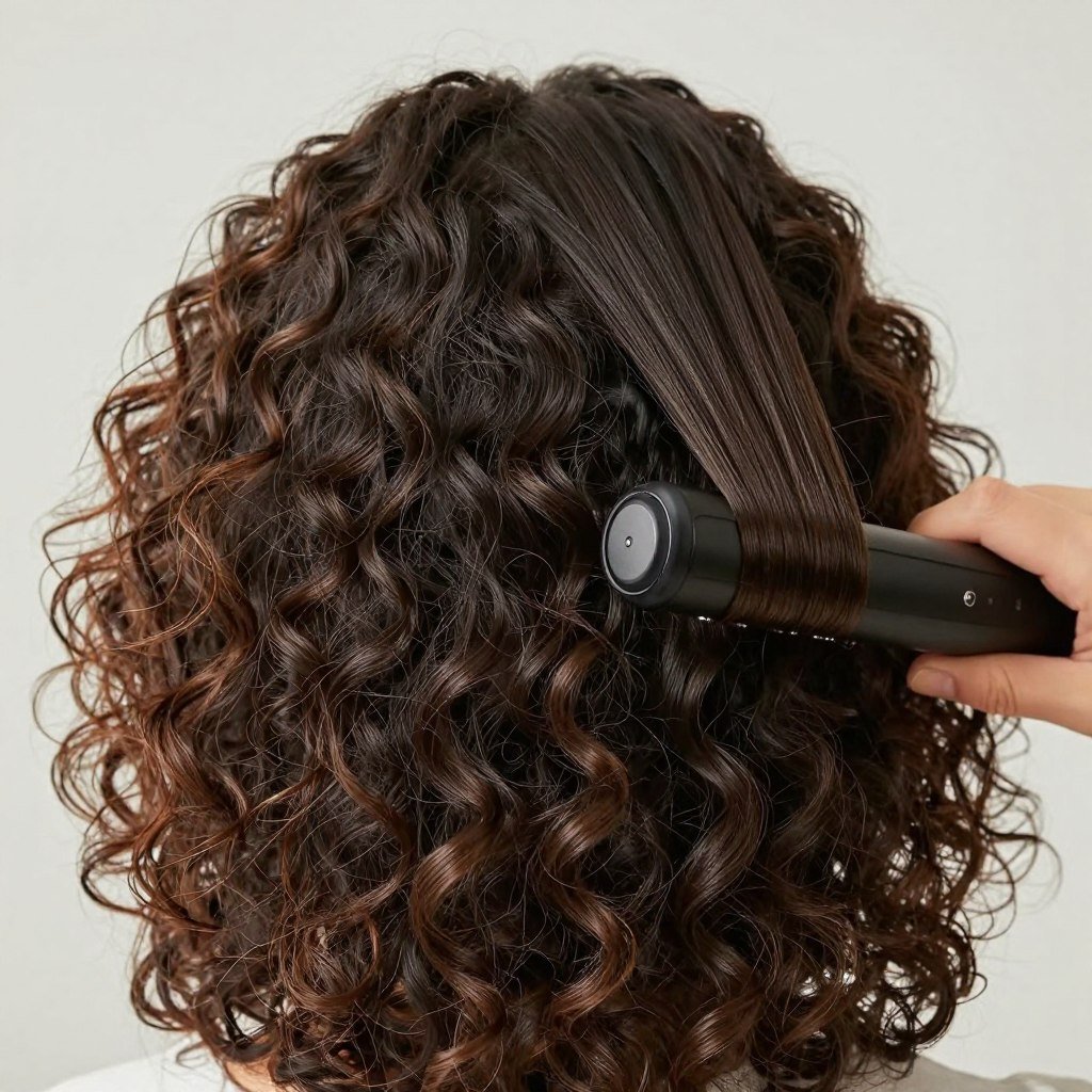 Person with curly, textured hair using a professional-grade hair straightener