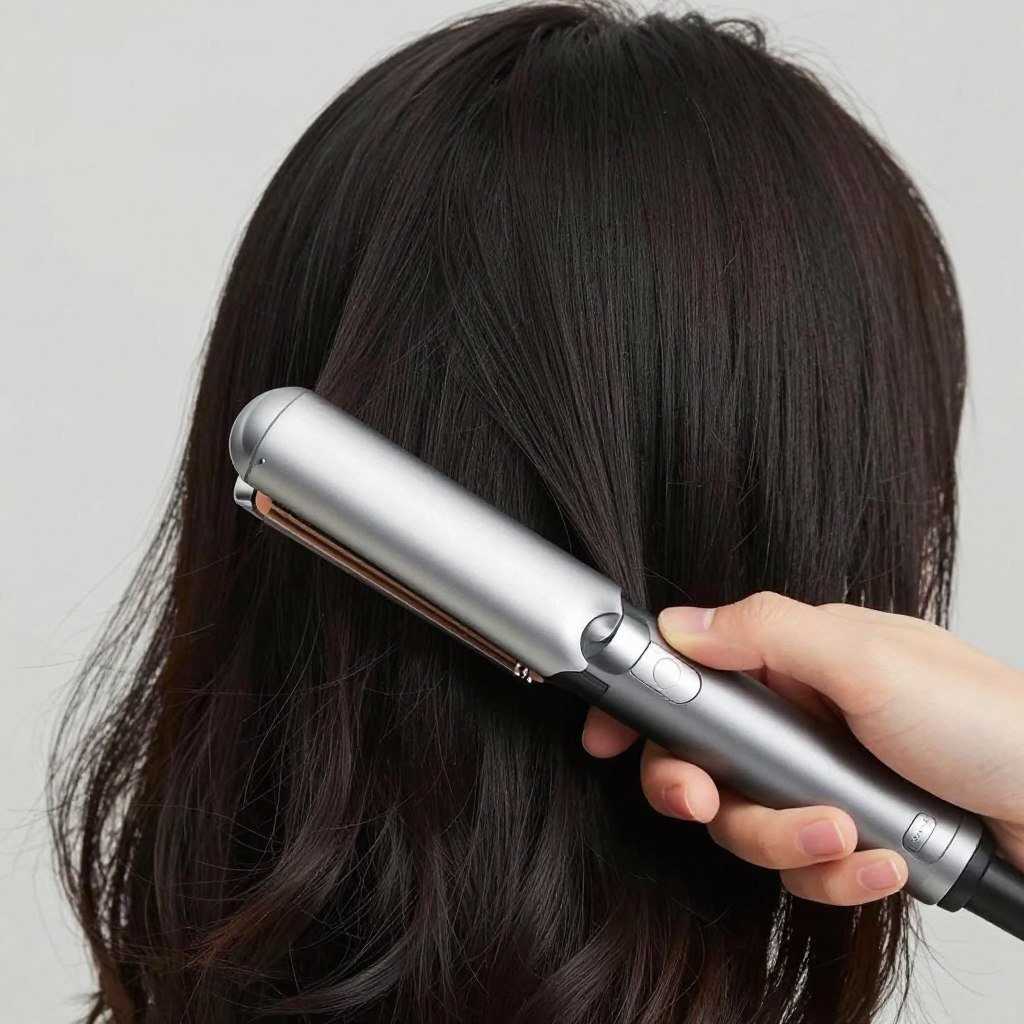 Person with thick, coarse hair using a titanium hair straightener