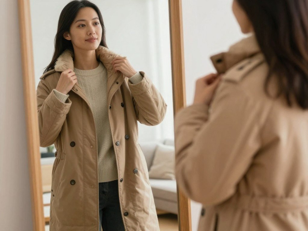 Woman trying on winter coat and checking fit in mirror