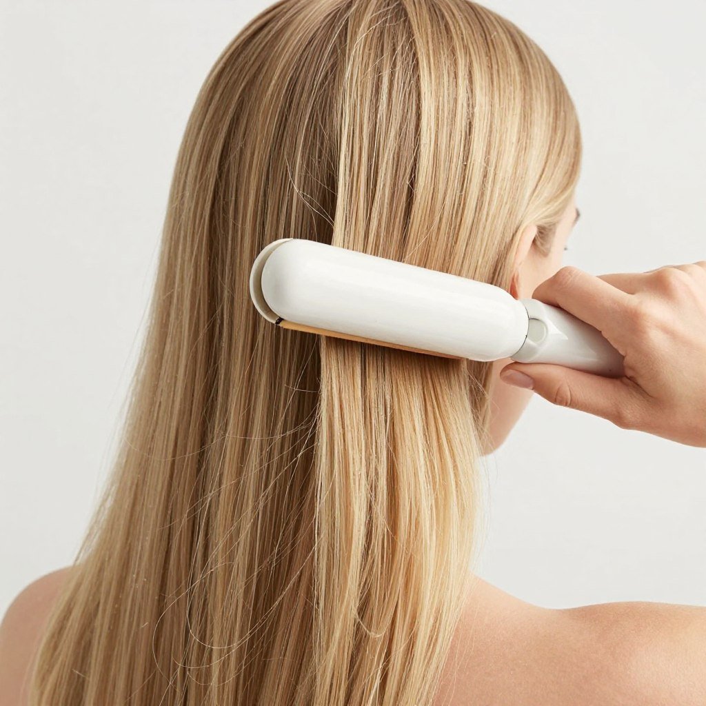 Woman with fine hair using a gentle ceramic hair straightener