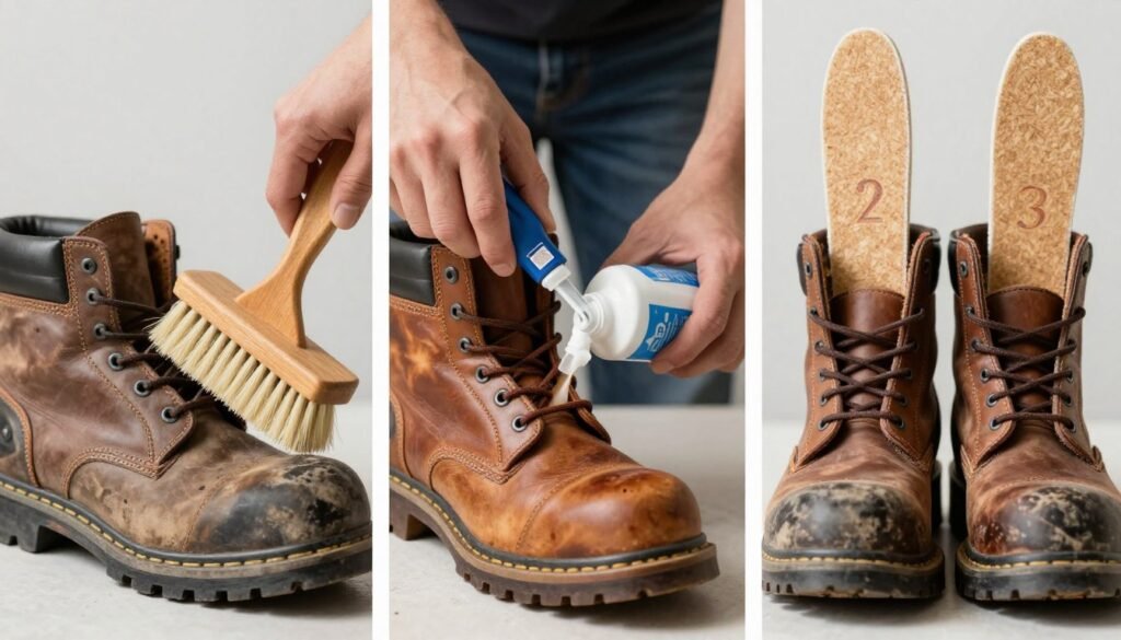 Work boot care and maintenance showing cleaning, conditioning, and proper storage of work boots