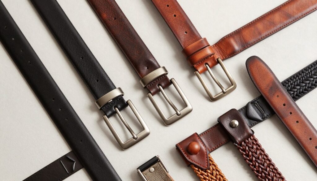 Collection of high-quality men's belts arranged to show variety of styles and materials