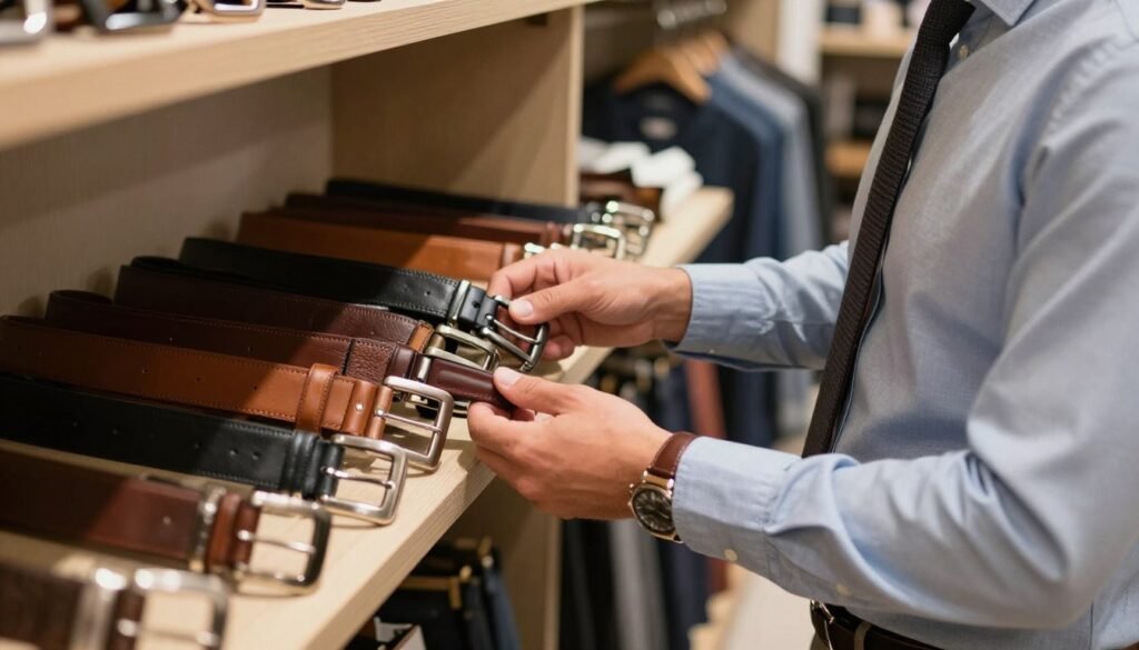 Man selecting between different belt styles and materials in a store