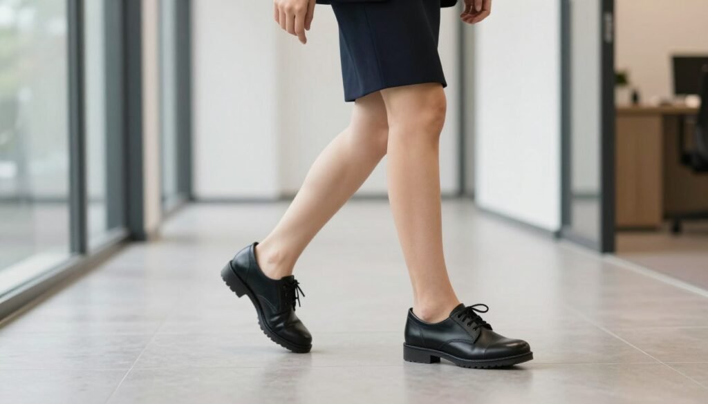 Professional woman confidently walking in comfortable work shoes