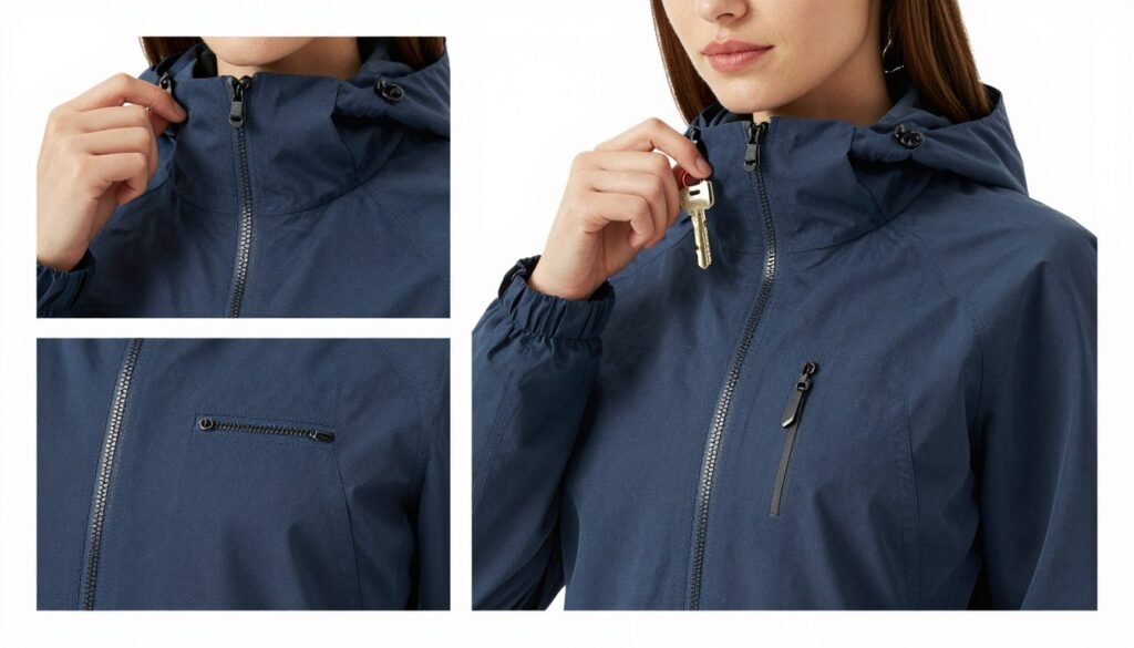 Woman examining lightweight jacket features showing hood, pockets and ventilation details