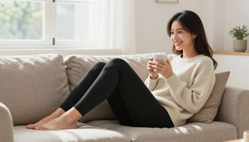 Happy woman wearing comfortable leggings relaxing at home with coffee