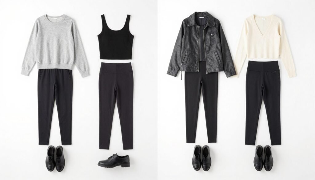 Multiple outfit combinations showing different ways to style leggings