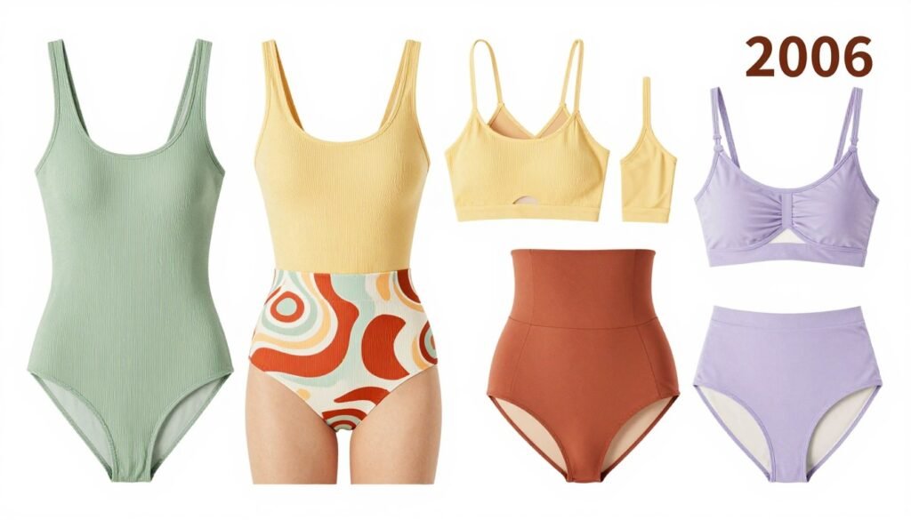 Collage of 2026 swimsuit trends including colors, cuts, and styles