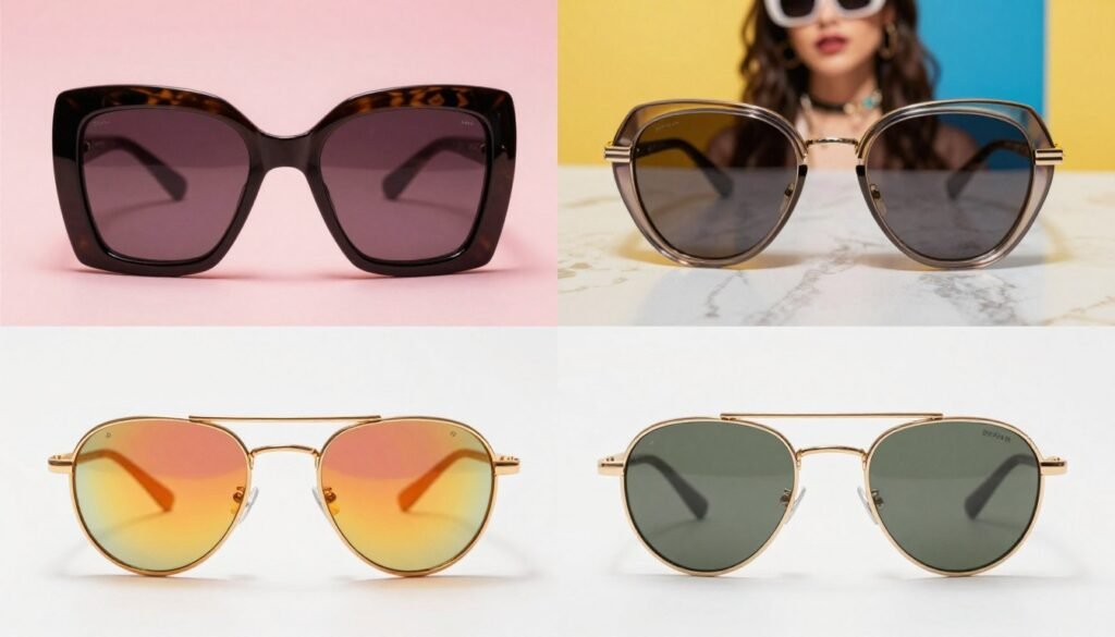Collage showcasing 2026 women's sunglasses trends including oversized frames, retro styles, and colored lenses
