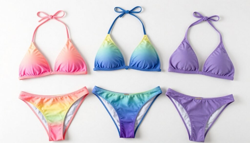 Collection of SHEKINI bikinis displayed in rainbow of colors