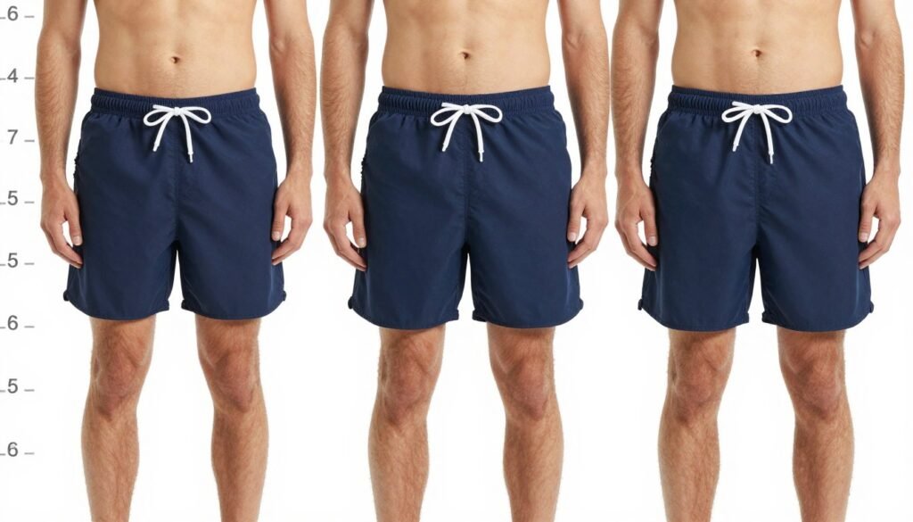 Comparison chart showing different swim trunk inseam lengths on male models