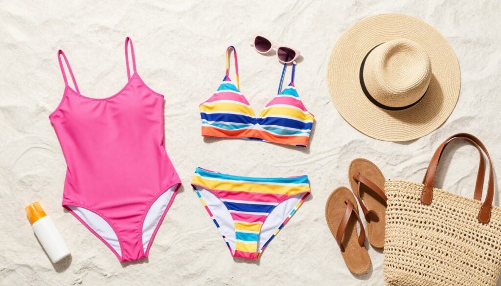 Complete beach outfit with cover up, swimsuit, and accessories