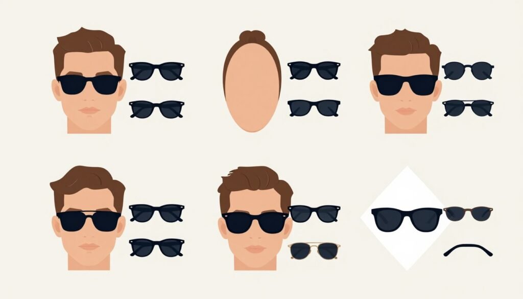 Diagram showing different men's face shapes with recommended sunglasses styles for each Diagram showing different men's face shapes with recommended sunglasses styles for each