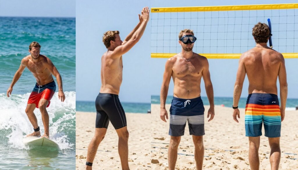 Different water activities requiring specific swim trunk features