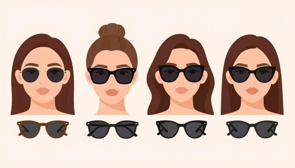 Guide showing different women's face shapes matched with complementary sunglasses styles