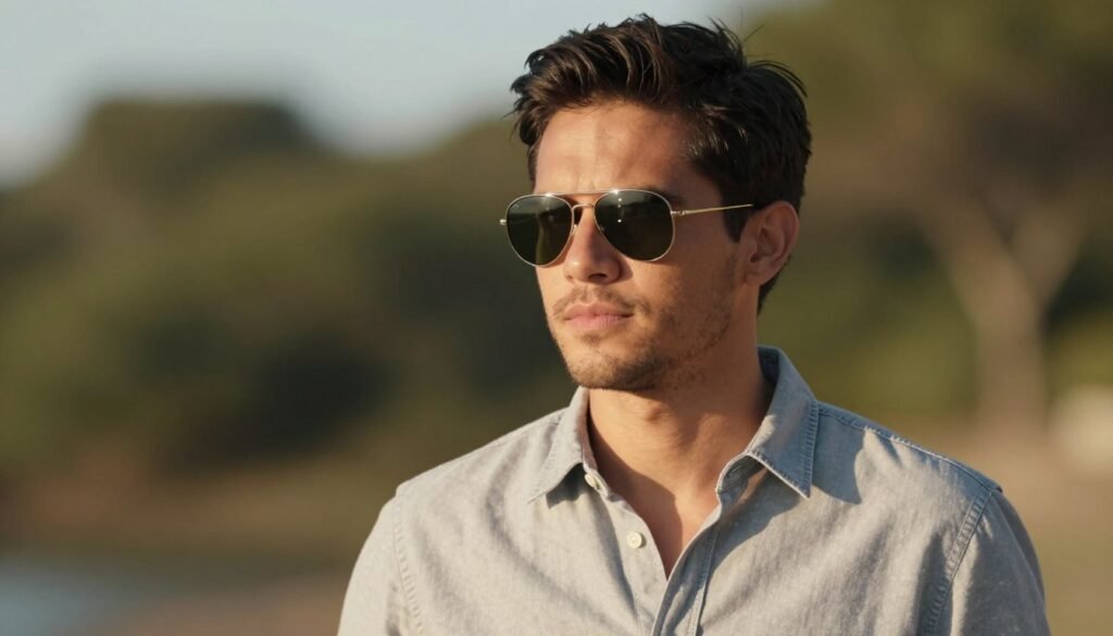 Man wearing stylish sunglasses outdoors in natural sunlight showing confident style Man wearing stylish sunglasses outdoors in natural sunlight showing confident style