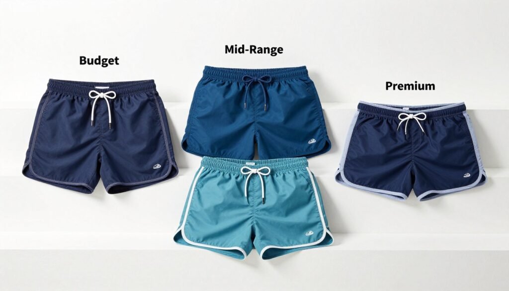 Price comparison showing budget, mid-range, and premium swim trunks