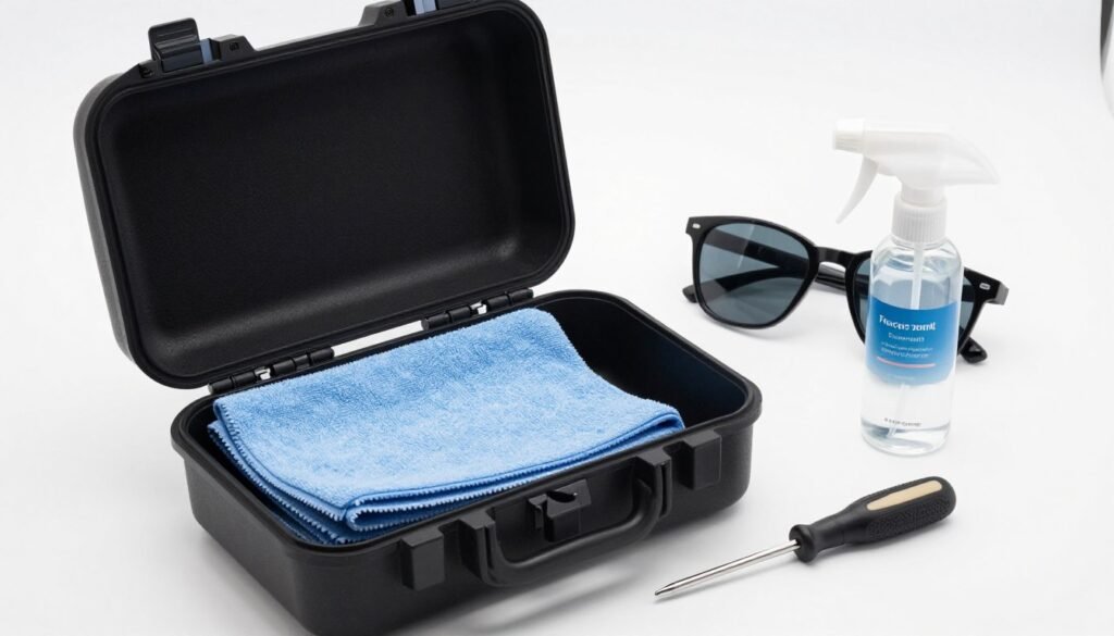 Sunglasses care kit showing microfiber cloth, cleaning solution, and protective hard case Sunglasses care kit showing microfiber cloth, cleaning solution, and protective hard case