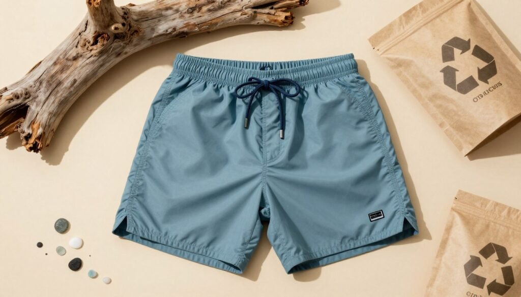 Sustainable swim trunks made from recycled materials with eco-friendly packaging