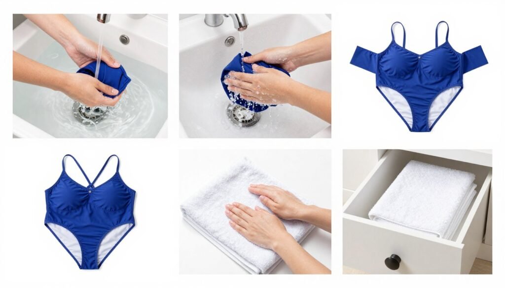 Swimsuit care instructions showing proper washing and storage methods