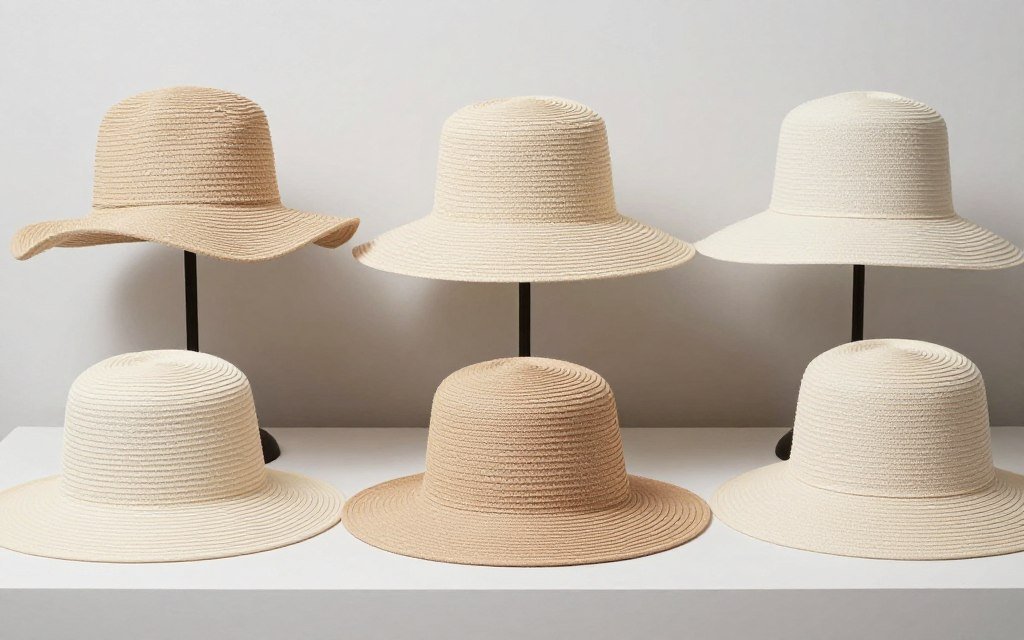 Trendy oversized summer hats in neutral tones displayed on modern background