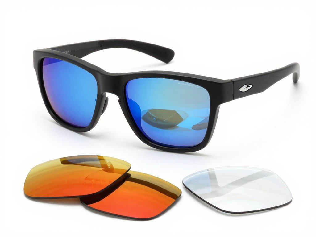 Walleva interchangeable lens sunglasses showing multiple colored lens options Walleva interchangeable lens sunglasses showing multiple colored lens options