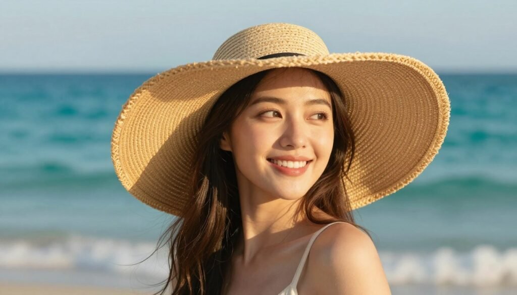Woman wearing stylish wide brim summer hat on sunny beach vacation