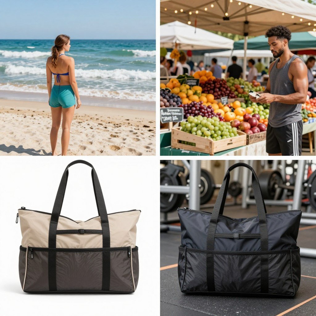 beach bag being used in different seasons